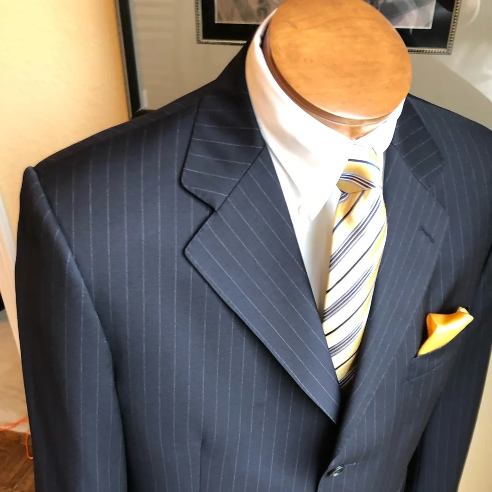 Emilio Yuste Wool 2 Piece Navy Blue Pinstripe Suit Size 42R Slacks W35” L29.5”